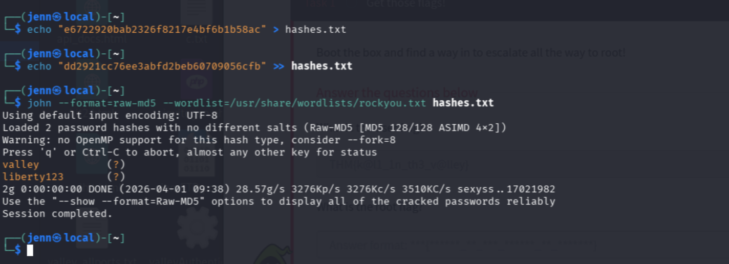 John cracking both MD5 hashes — valley and liberty123